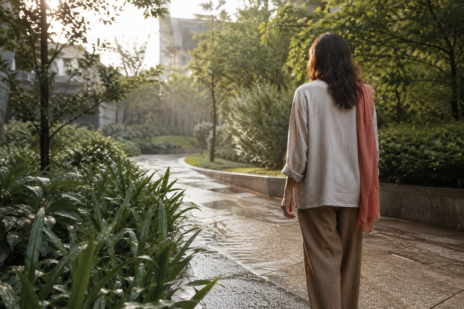 A calm morning walk through a green urban garden
